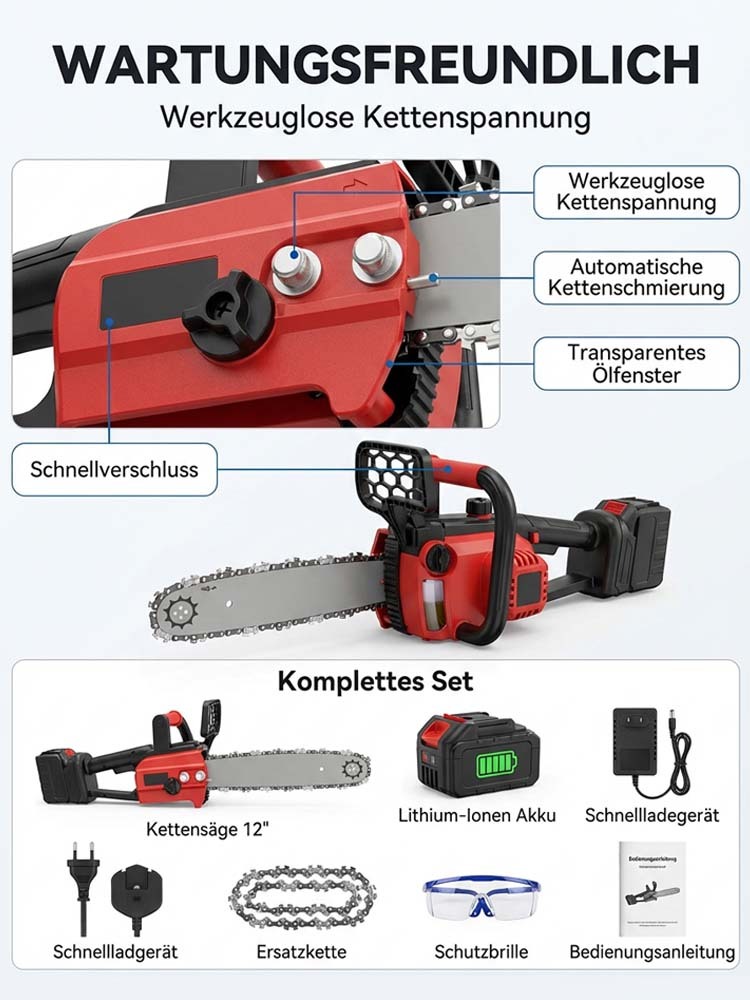 TÜV- und GS-zertifizierte, kabellose Kettensäge in deutscher Industriequalität – durchtrennt 50 cm Massivholz in nur 10 Sekunden, mit 10 Jahren Garantie