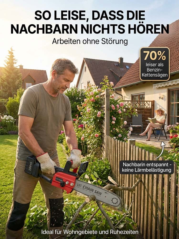 TÜV- und GS-zertifizierte, kabellose Kettensäge in deutscher Industriequalität – durchtrennt 50 cm Massivholz in nur 10 Sekunden, mit 10 Jahren Garantie