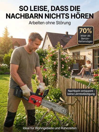 TÜV- und GS-zertifizierte, kabellose Kettensäge in deutscher Industriequalität – durchtrennt 50 cm Massivholz in nur 10 Sekunden, mit 10 Jahren Garantie