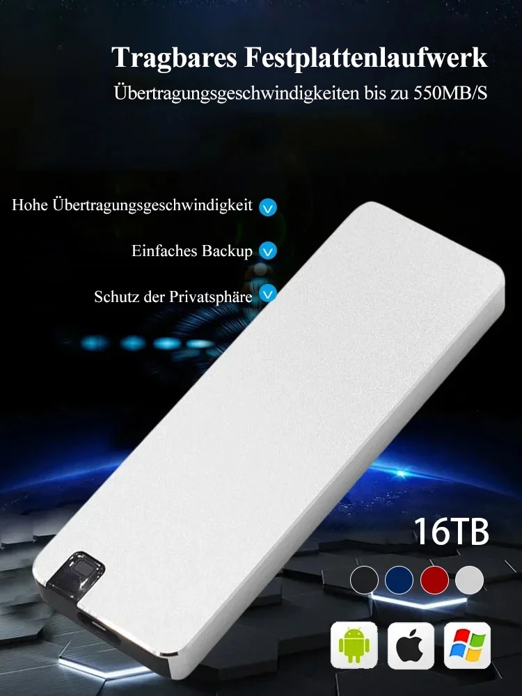 【16TB Tragbares mobiles Festplattenlaufwerk】40% Rabatt. Unglaublich schnell und äußerst praktisch: eine kompakte externe SSD