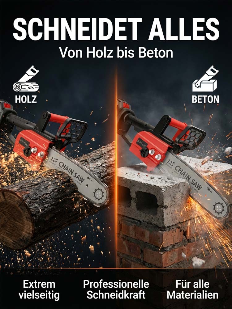 TÜV- und GS-zertifizierte, kabellose Kettensäge in deutscher Industriequalität – durchtrennt 50 cm Massivholz in nur 10 Sekunden, mit 10 Jahren Garantie