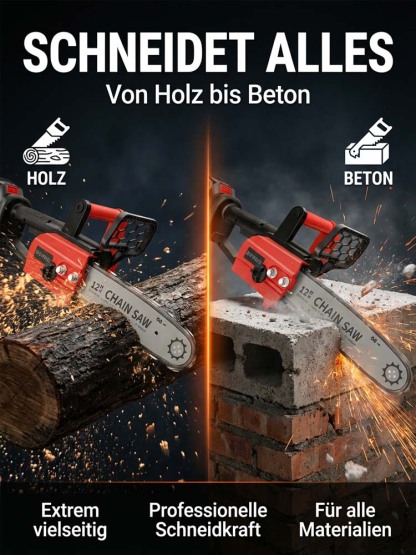 TÜV- und GS-zertifizierte, kabellose Kettensäge in deutscher Industriequalität – durchtrennt 50 cm Massivholz in nur 10 Sekunden, mit 10 Jahren Garantie
