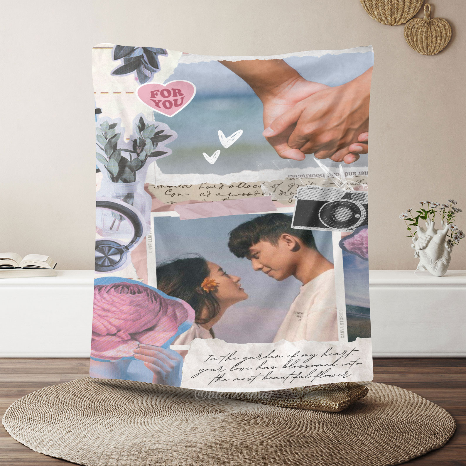 Pink Retro Aesthetic Scrapbook Romantic Photo Fleece Blanket