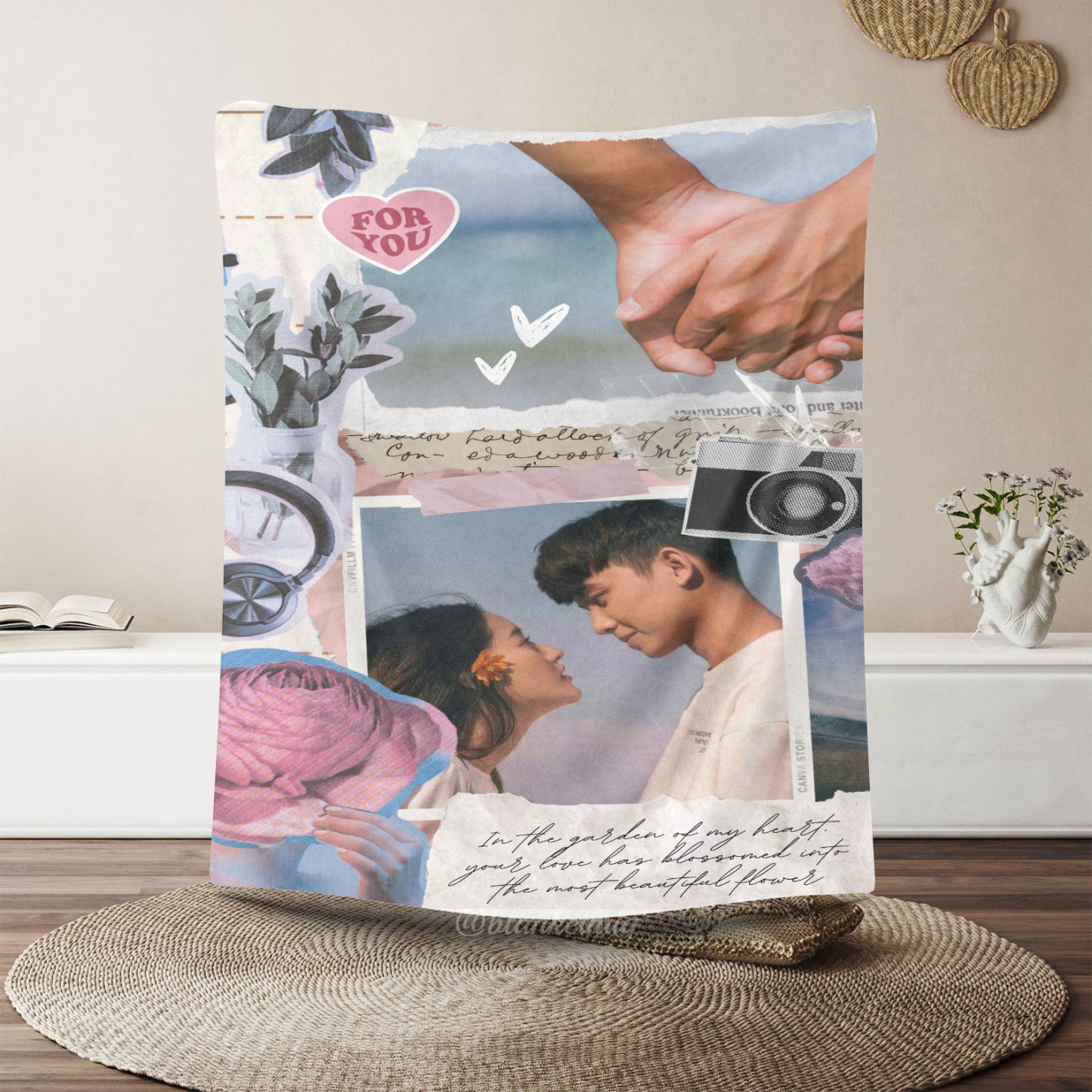 Pink Retro Aesthetic Scrapbook Romantic Photo Fleece Blanket