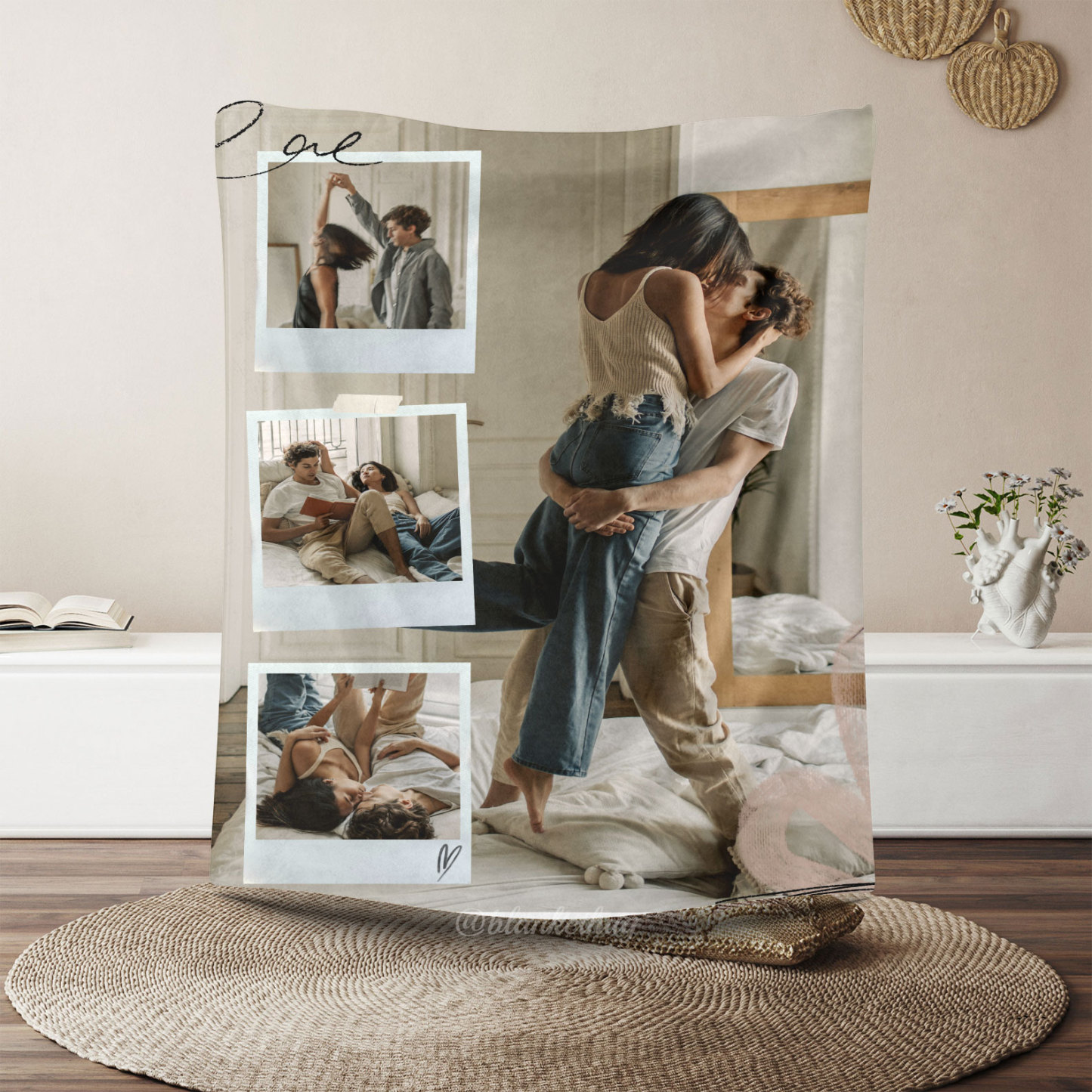 Beige White Vintage  Love Couple Photo Collage Custom Photo Fleece Blanket