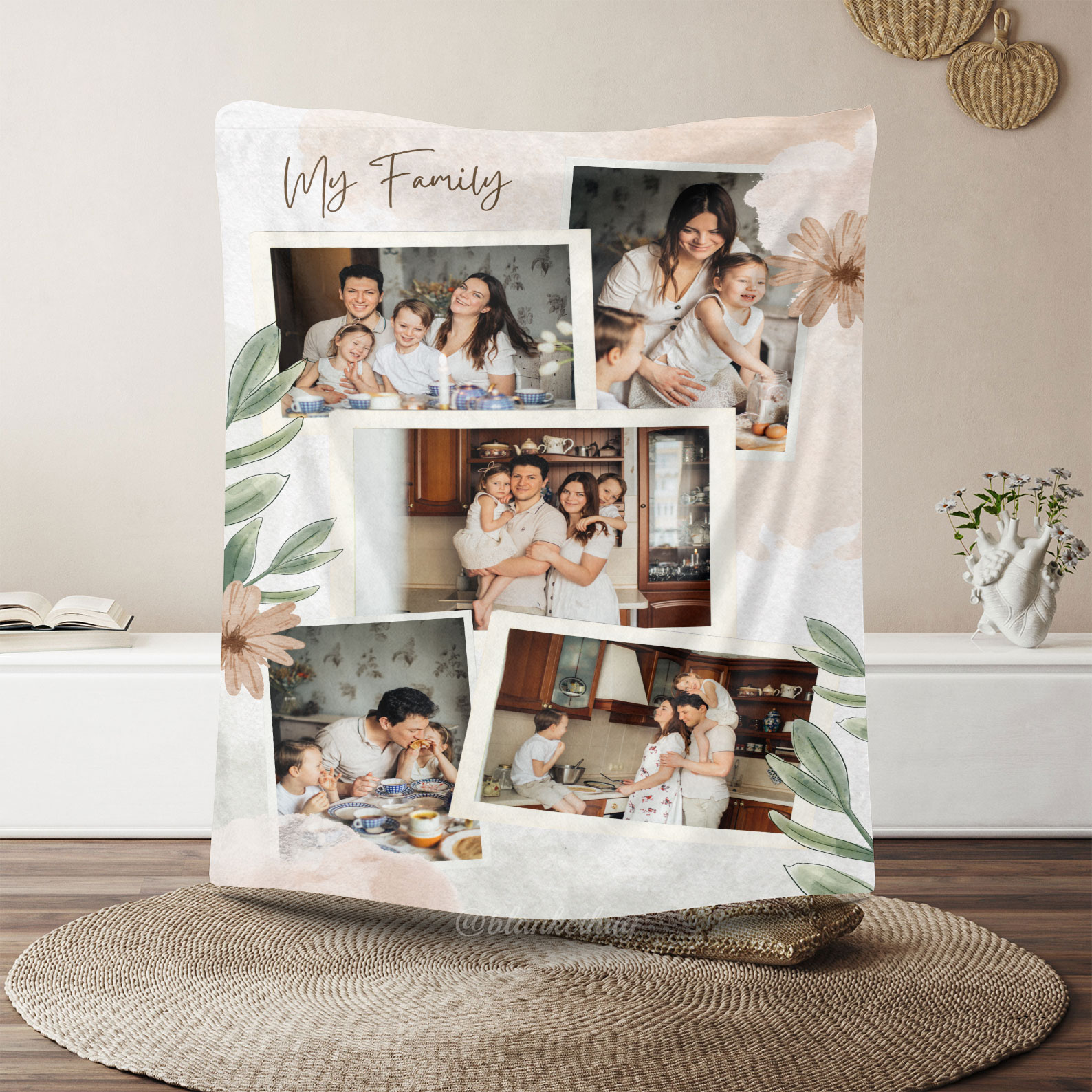 My Family Custom 5 Photos Merry Everything Fleece Blanket