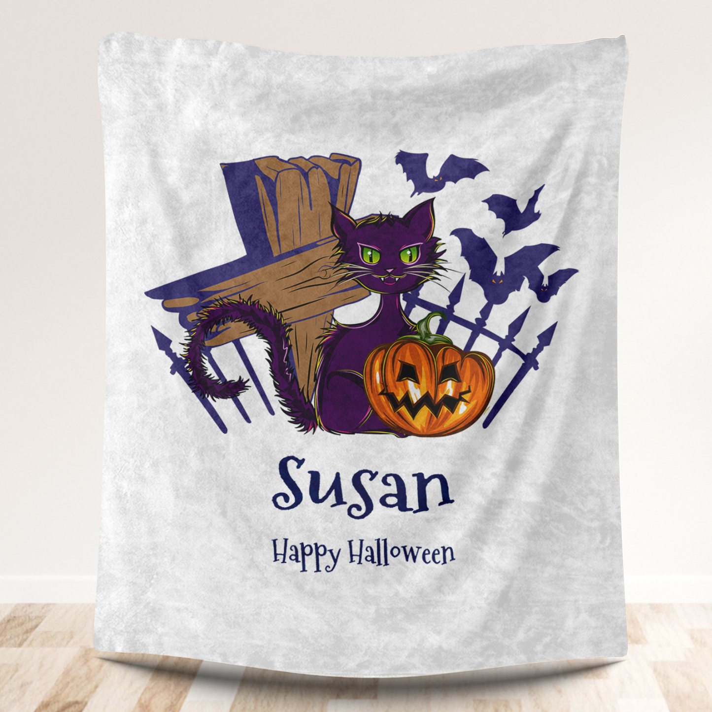 Cat and Pumpkin Halloween Blanket with Name