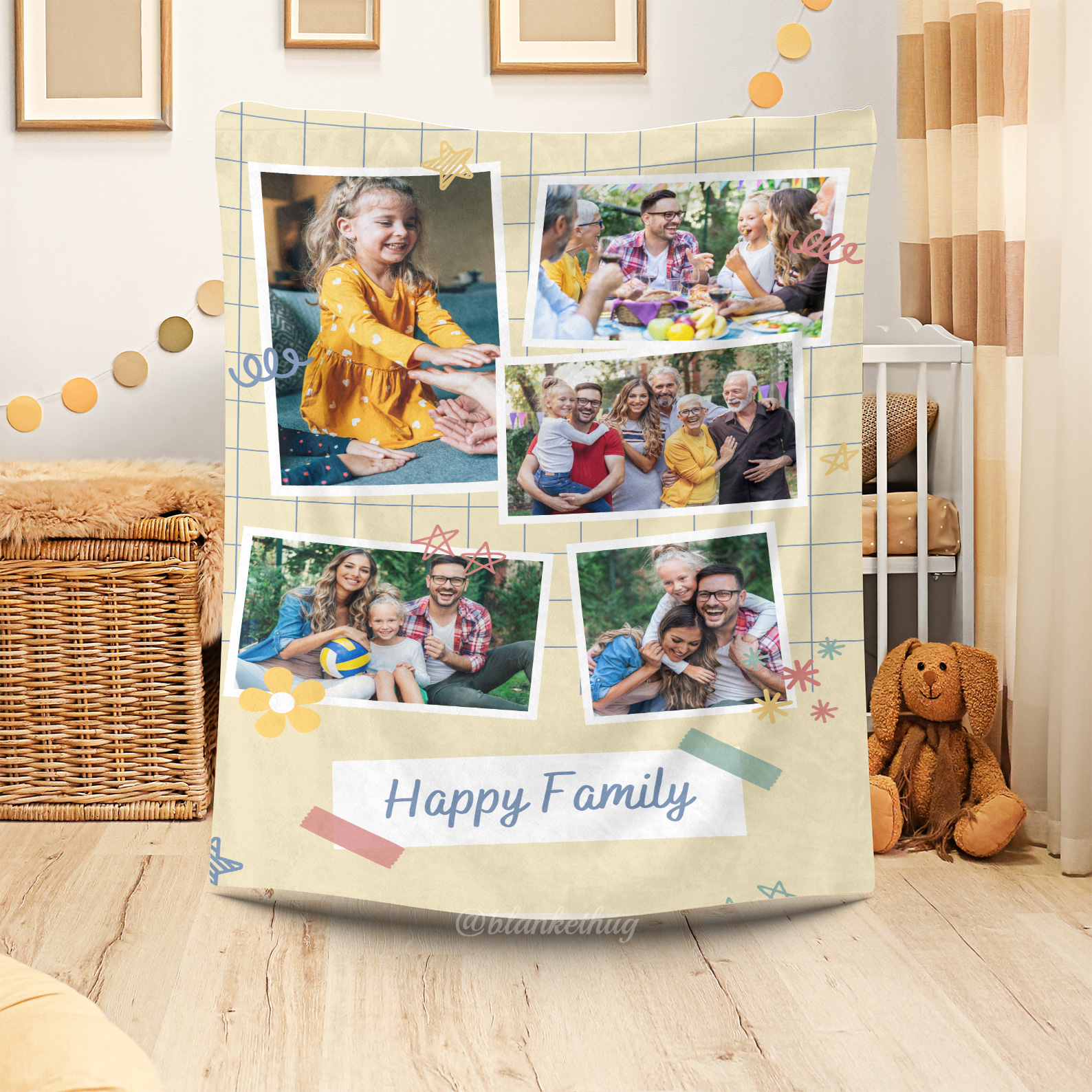 Happy Family Custom 5 Photos Cute Fleece Blanket