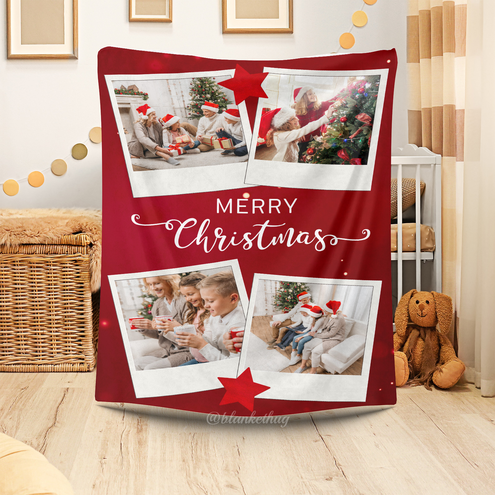Merry Christmas Custom 4 Photos Fleece Blanket