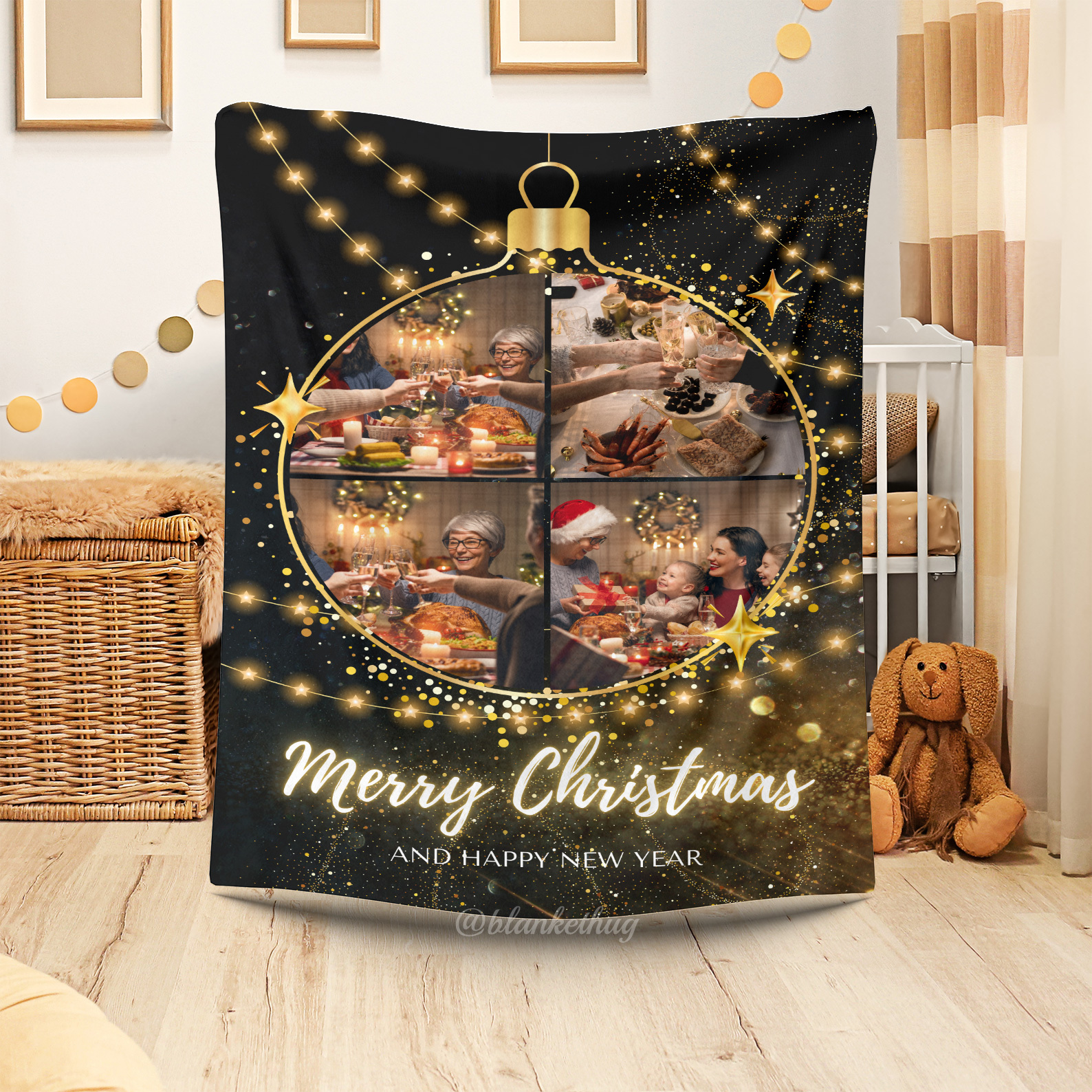 Merry Christmas Bulb Custom 4 Photos Fleece Blanket