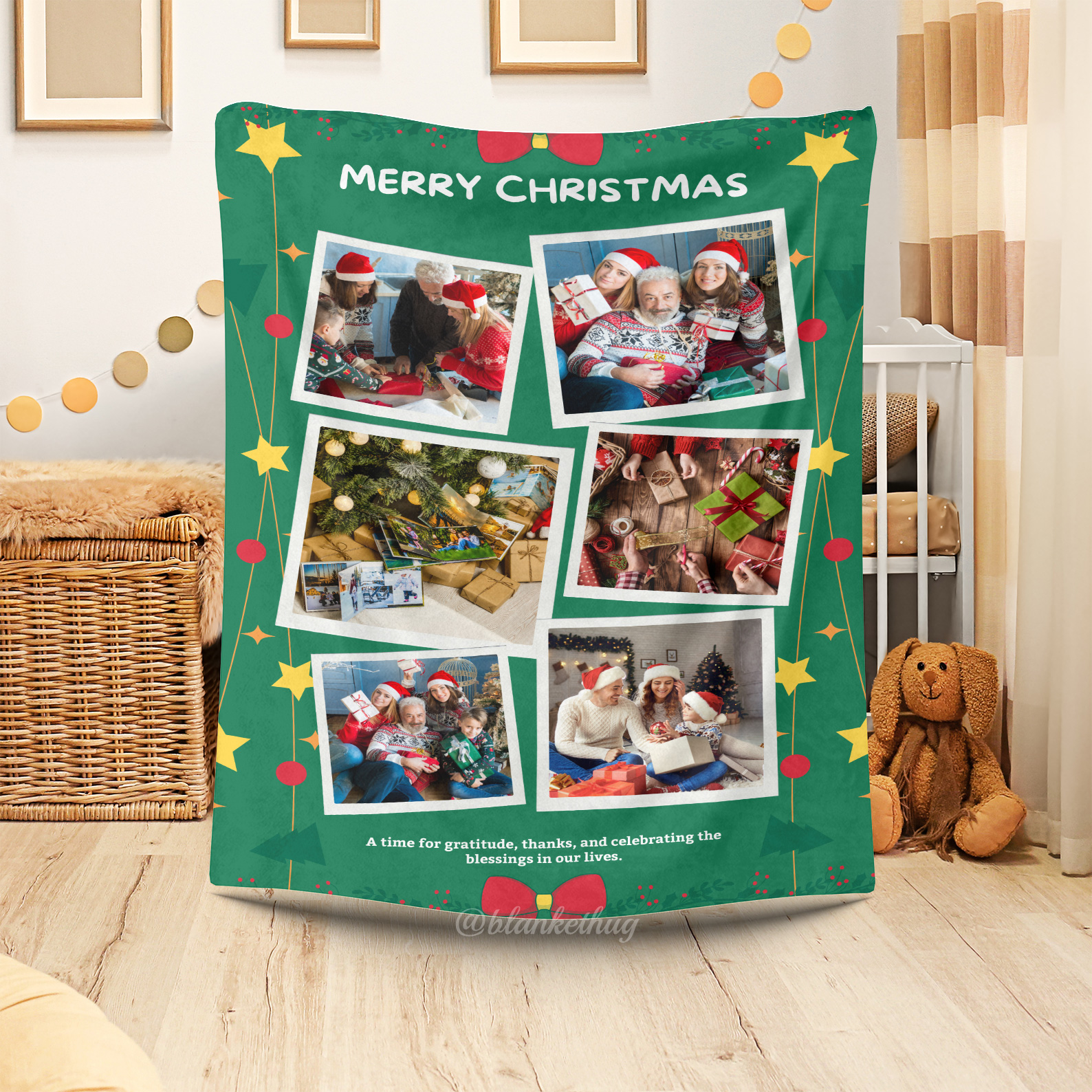 Green Merry Christmas Custom 6 Photos Fleece Blanket