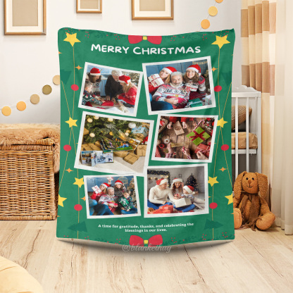 Green Merry Christmas Custom 6 Photos Fleece Blanket