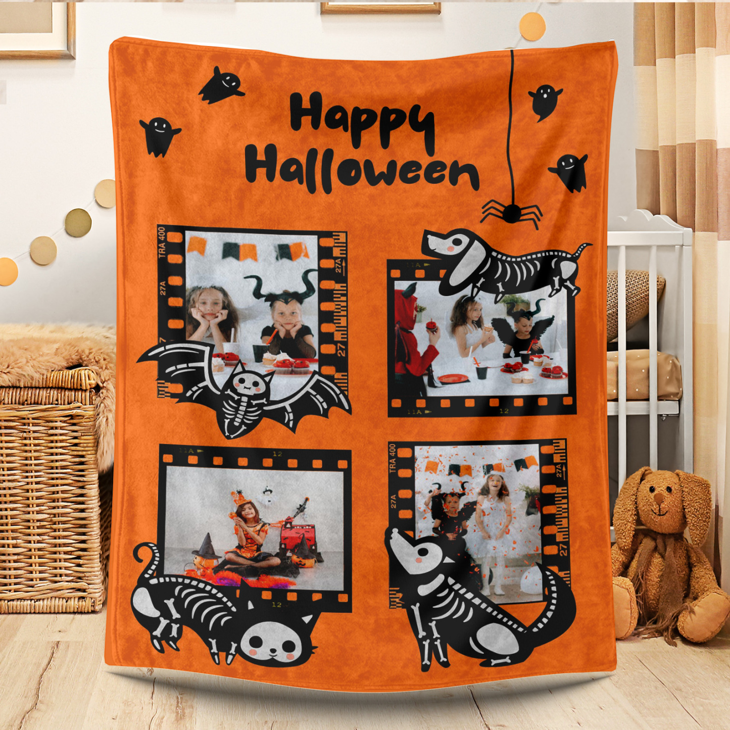 Happy Halloween Custom 4 Photos Fleece Blanket 