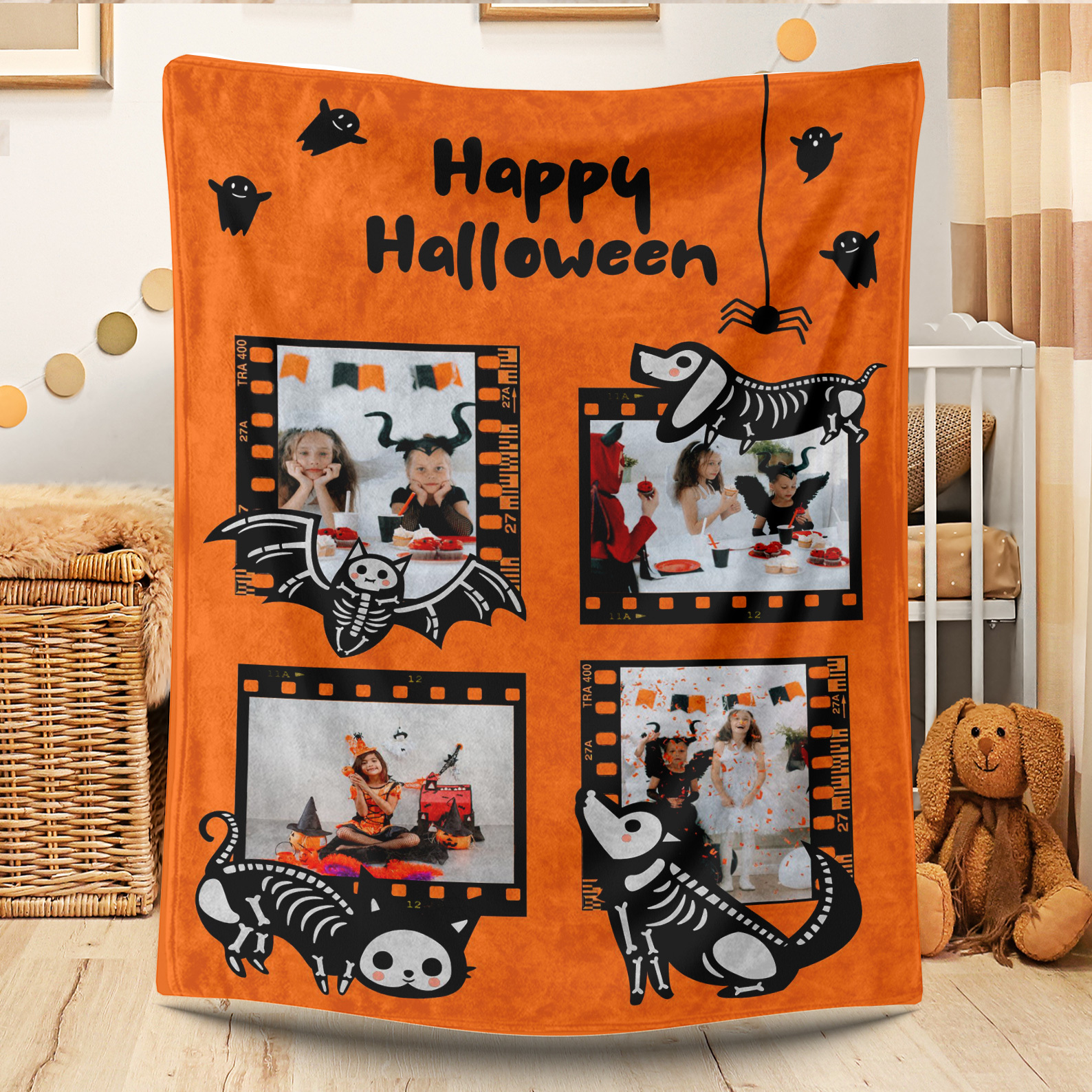 Happy Halloween Custom 4 Photos Fleece Blanket 