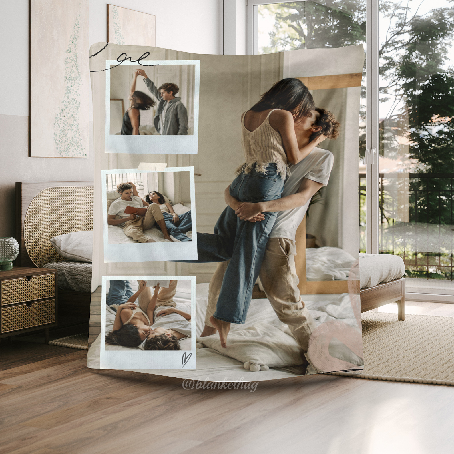 Beige White Vintage  Love Couple Photo Collage Custom Photo Fleece Blanket