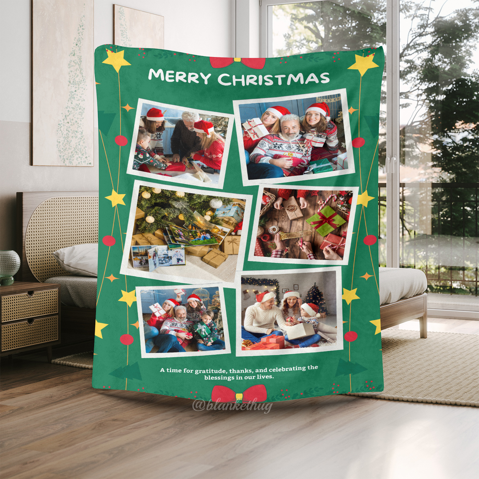 Green Merry Christmas Custom 6 Photos Fleece Blanket