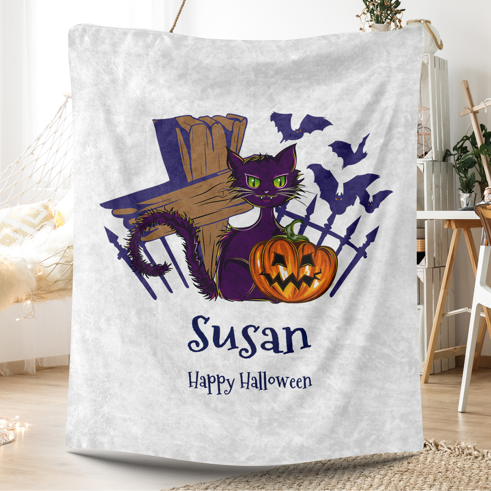Cat and Pumpkin Halloween Blanket with Name