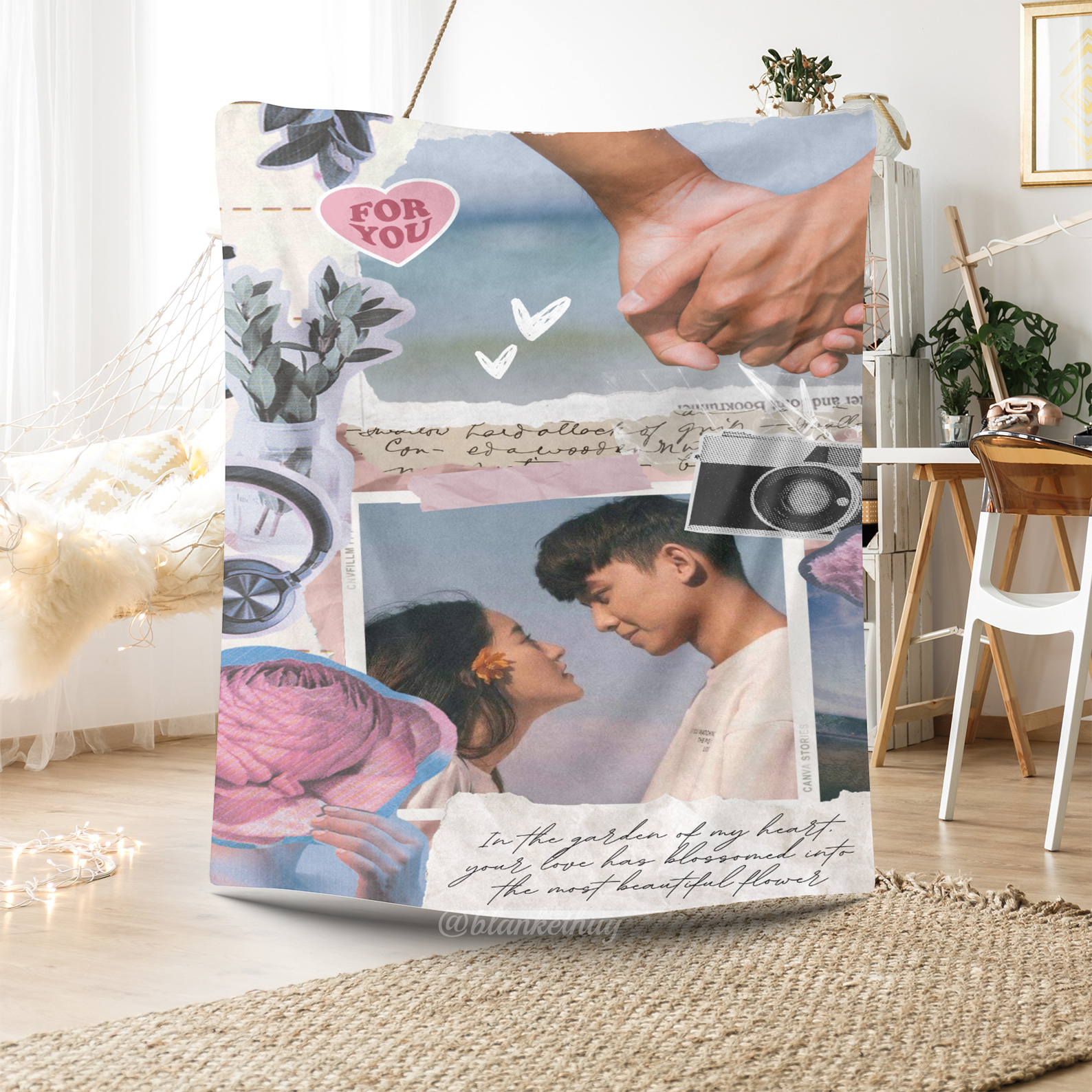 Pink Retro Aesthetic Scrapbook Romantic Photo Fleece Blanket