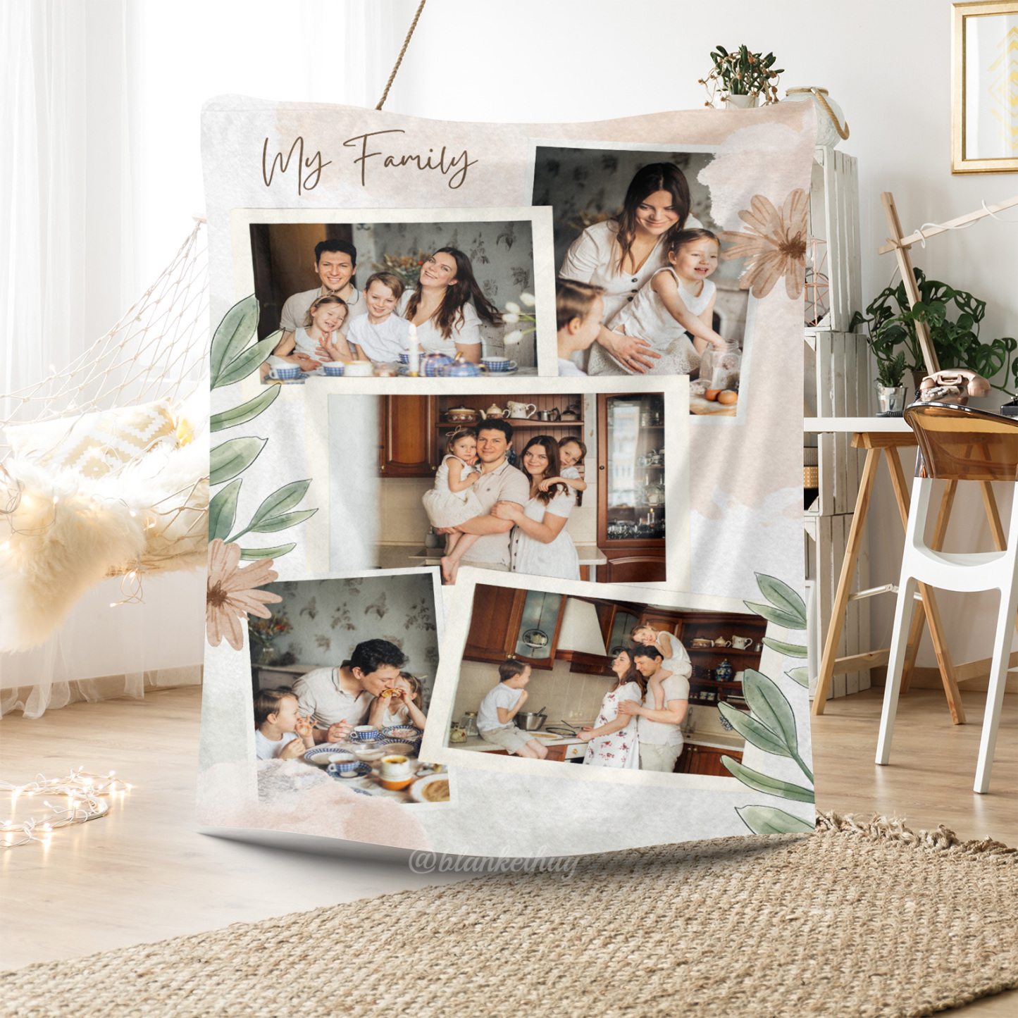 My Family Custom 5 Photos Merry Everything Fleece Blanket