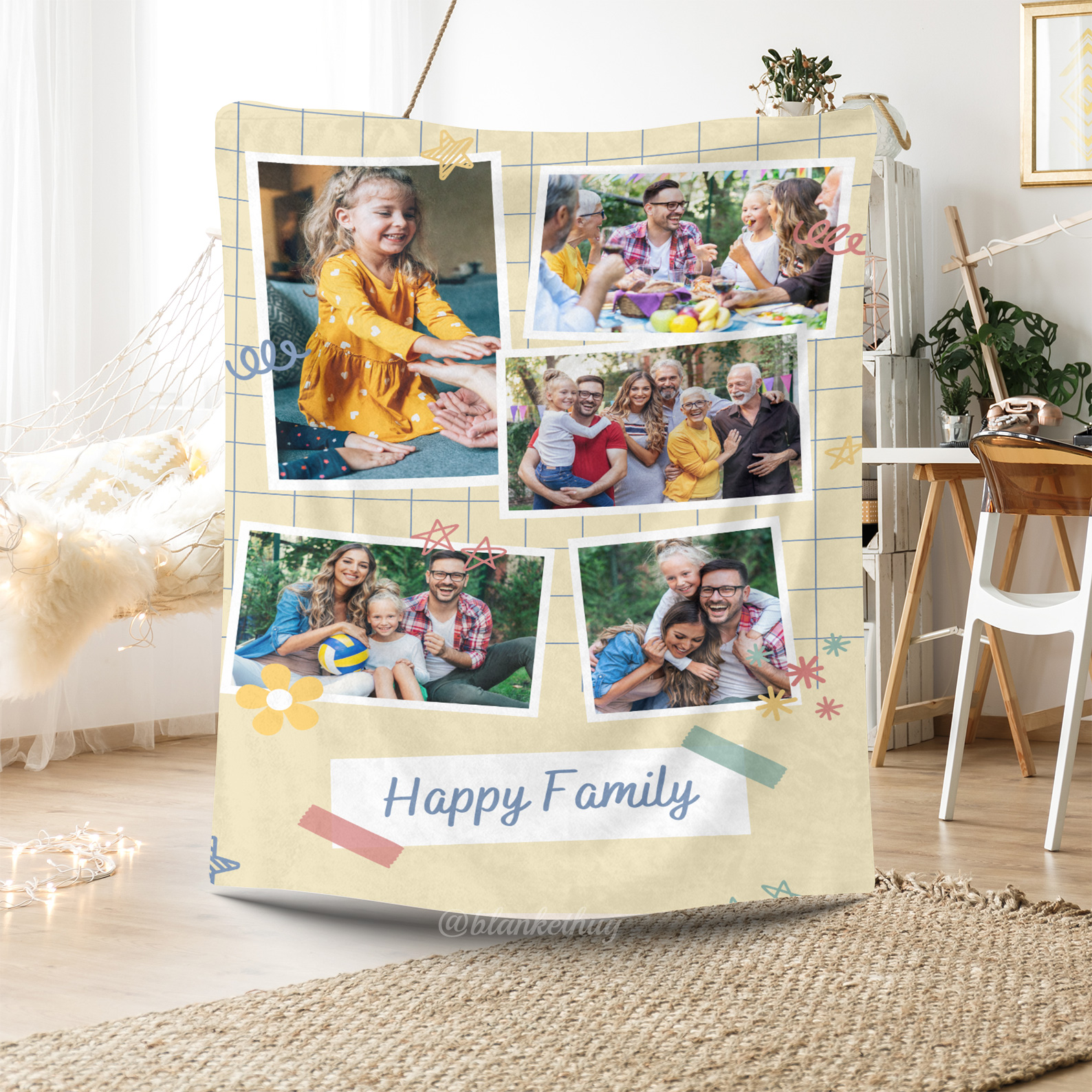 Happy Family Custom 5 Photos Cute Fleece Blanket