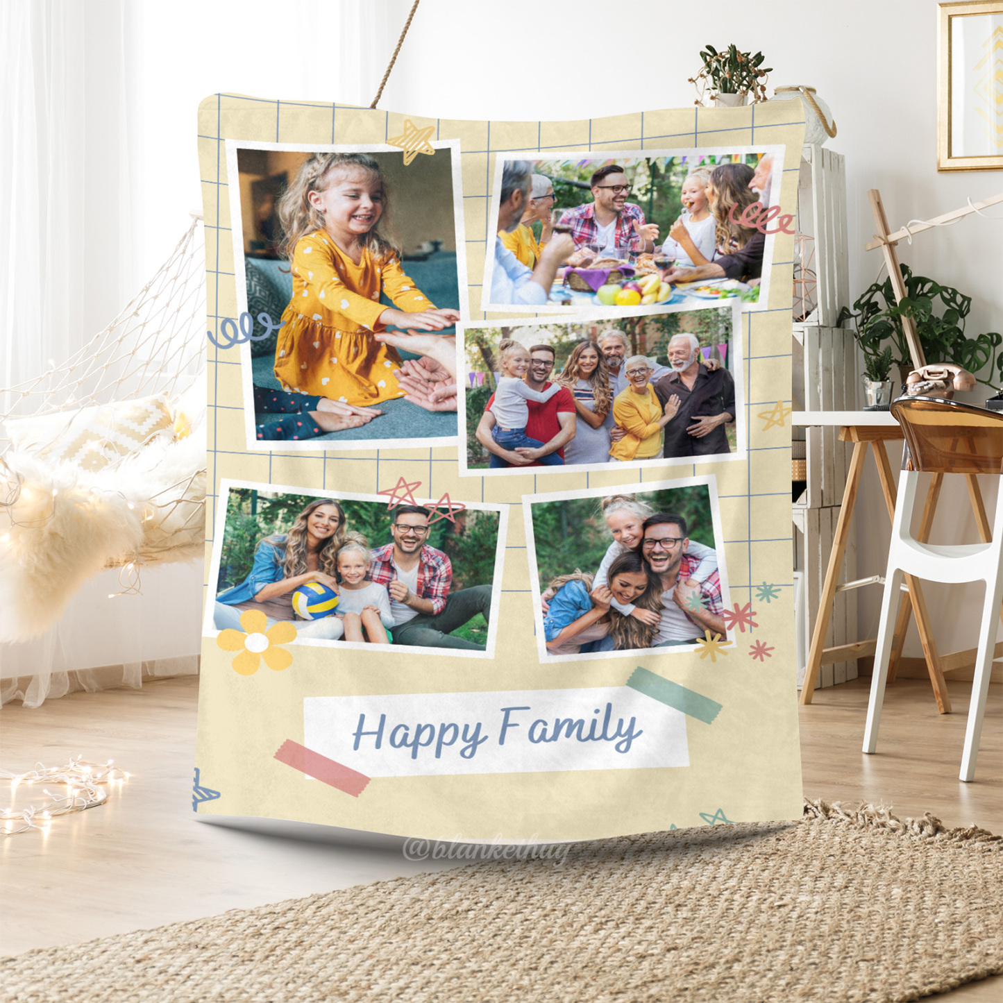 Happy Family Custom 5 Photos Cute Fleece Blanket