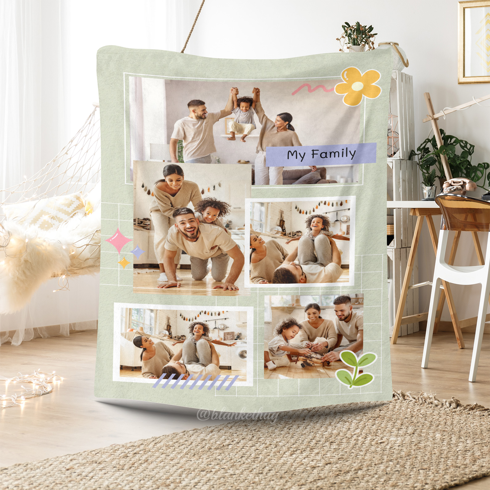 My Family Custom 5 Photos Cute Fleece Blanket