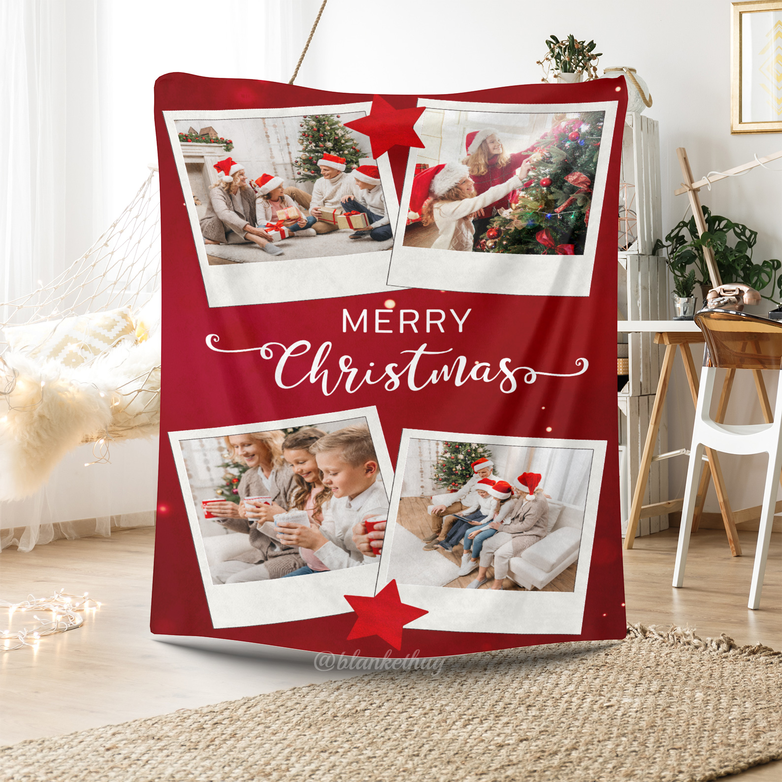 Merry Christmas Custom 4 Photos Fleece Blanket