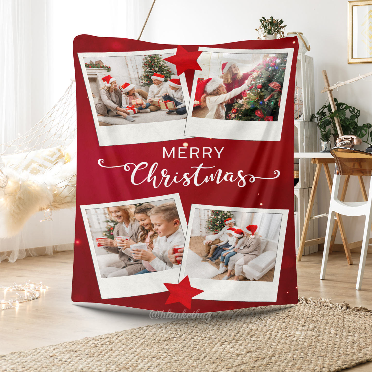 Merry Christmas Custom 4 Photos Fleece Blanket