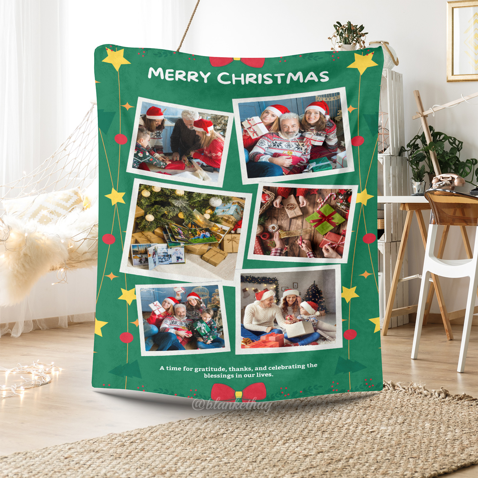 Green Merry Christmas Custom 6 Photos Fleece Blanket