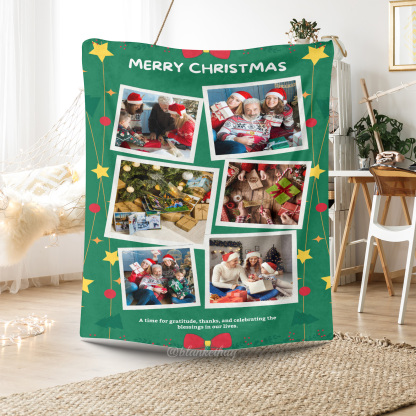 Green Merry Christmas Custom 6 Photos Fleece Blanket