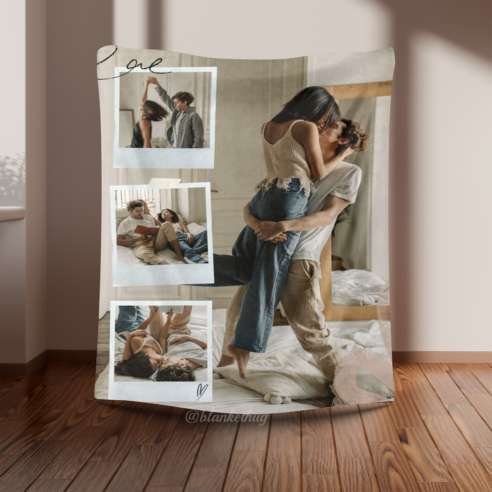 Beige White Vintage  Love Couple Photo Collage Custom Photo Fleece Blanket