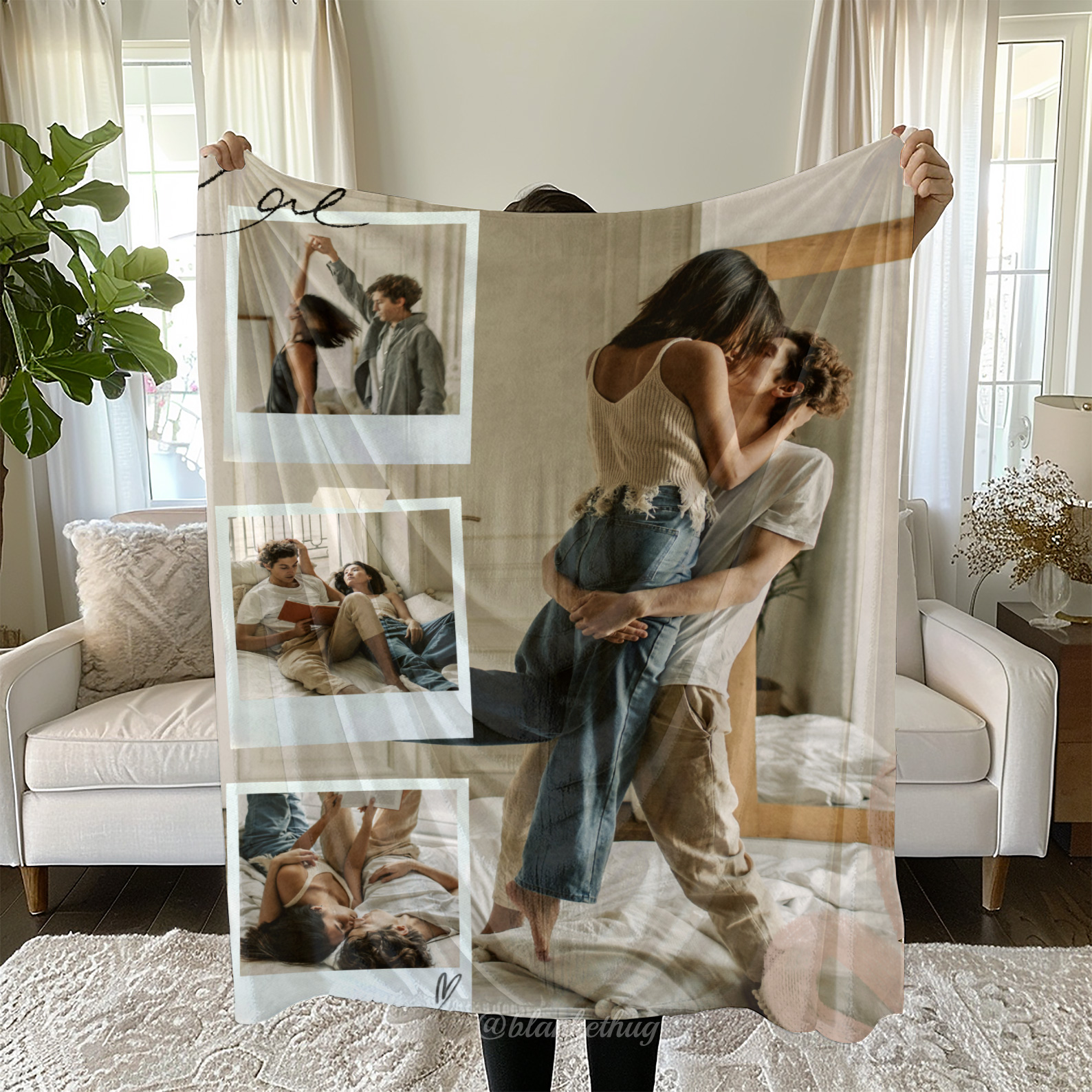 Beige White Vintage  Love Couple Photo Collage Custom Photo Fleece Blanket