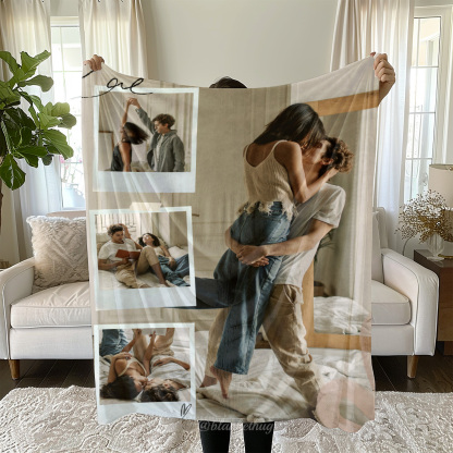 Beige White Vintage  Love Couple Photo Collage Custom Photo Fleece Blanket