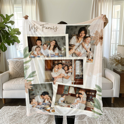 My Family Custom 5 Photos Merry Everything Fleece Blanket