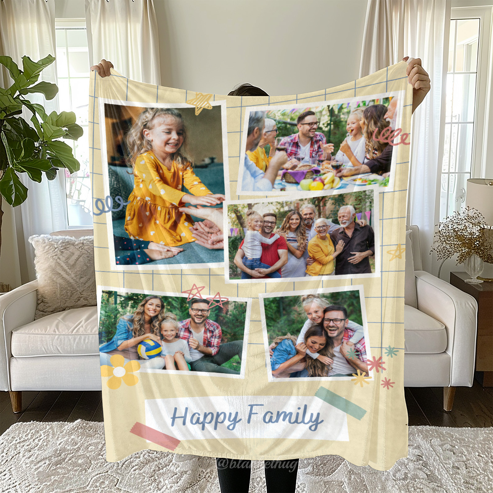 Happy Family Custom 5 Photos Cute Fleece Blanket