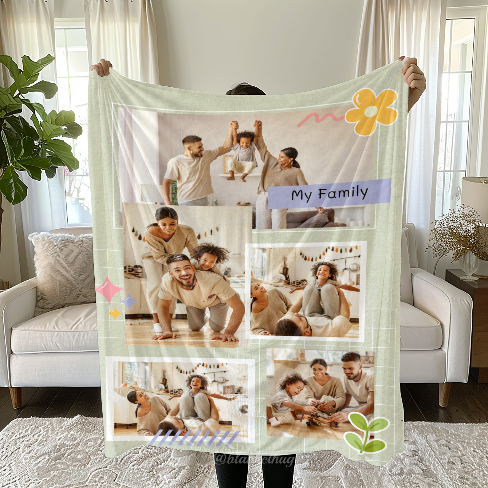My Family Custom 5 Photos Cute Fleece Blanket