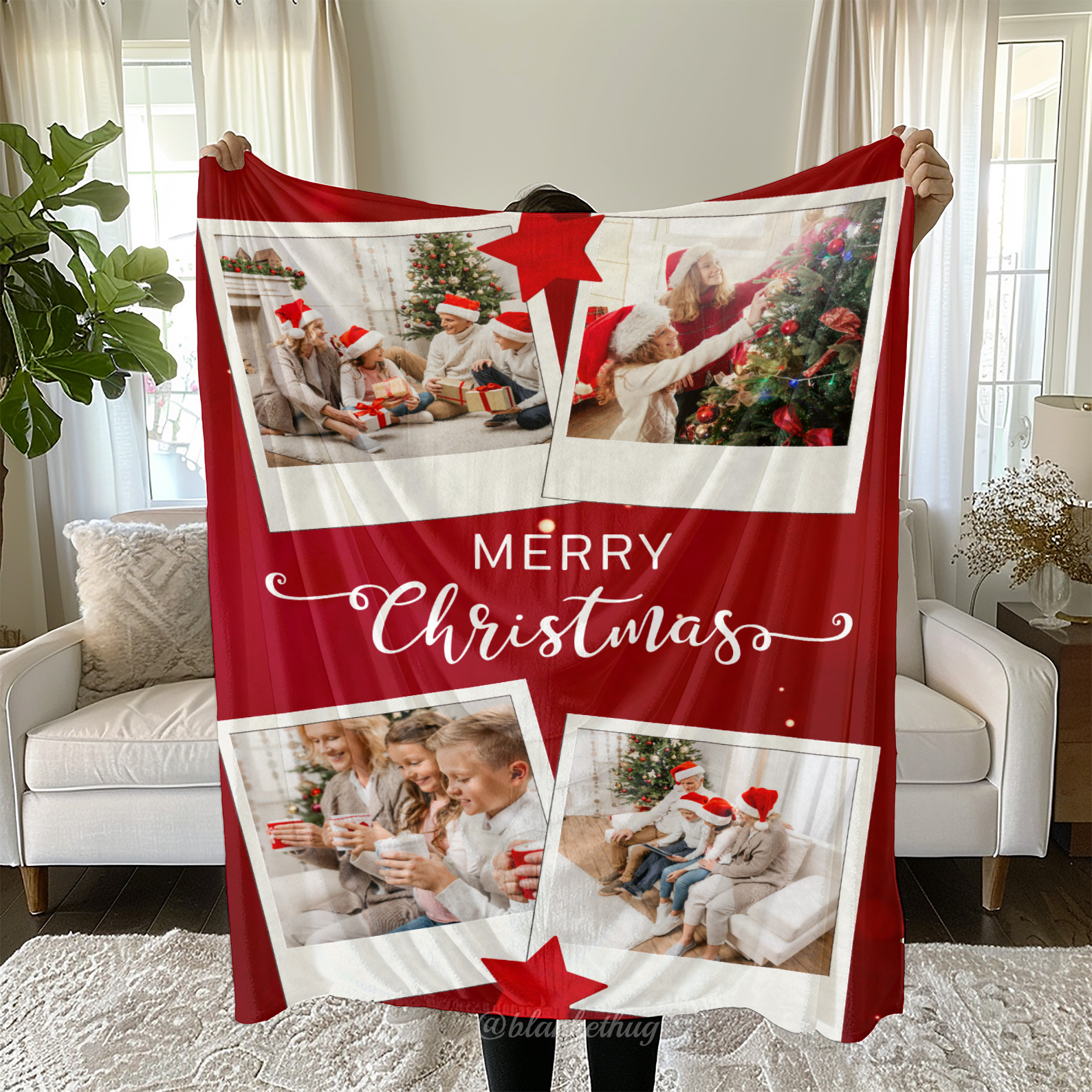 Merry Christmas Custom 4 Photos Fleece Blanket