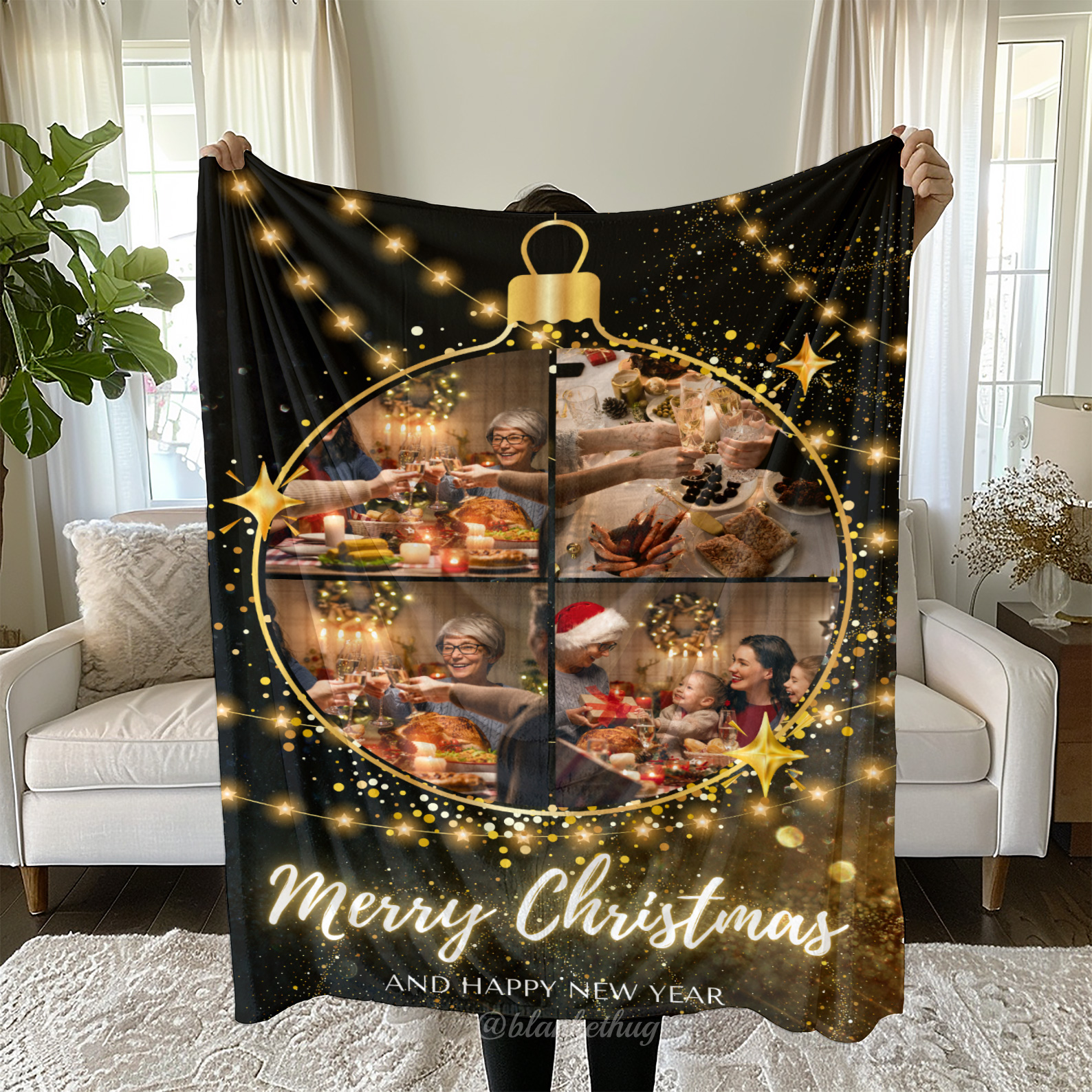 Merry Christmas Bulb Custom 4 Photos Fleece Blanket