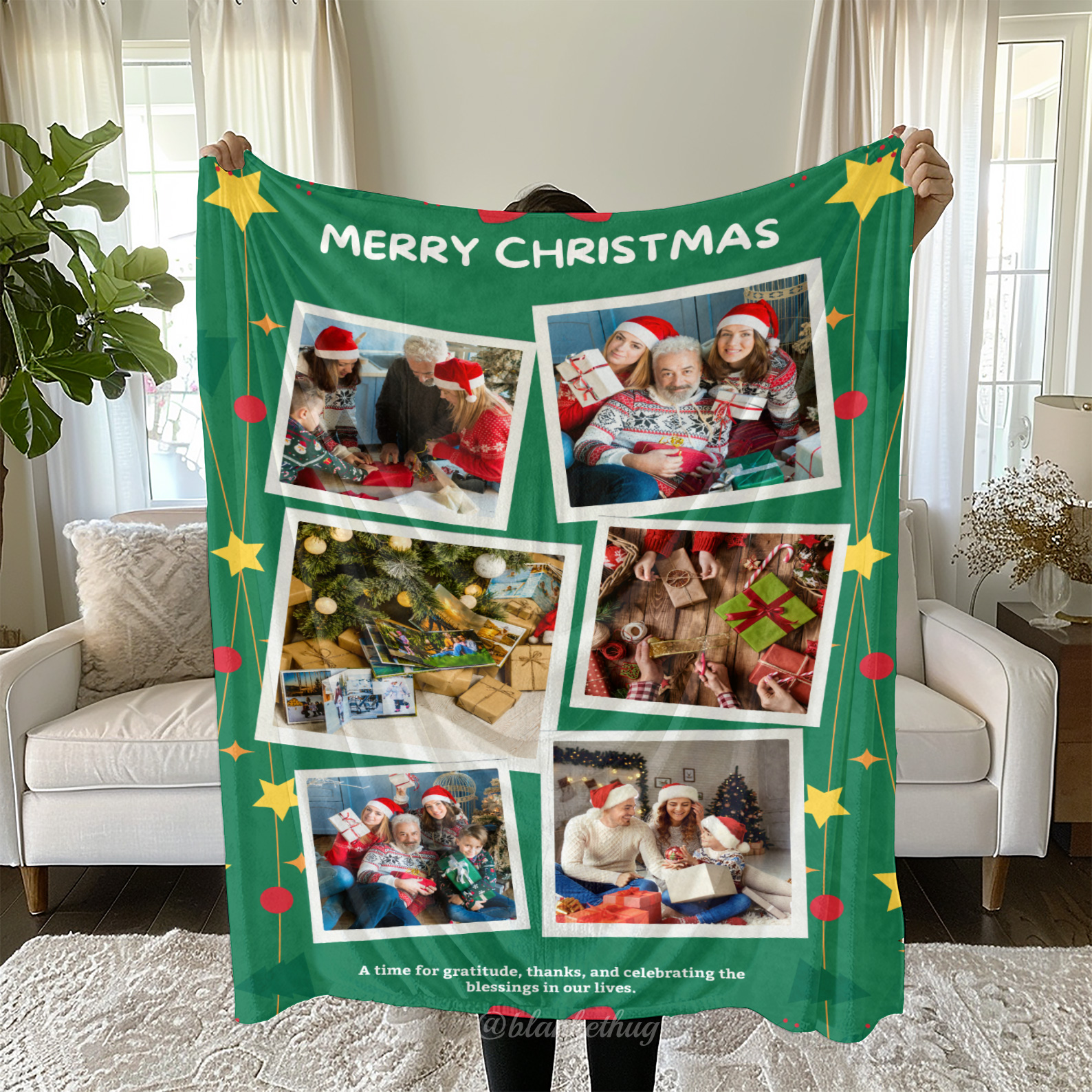 Green Merry Christmas Custom 6 Photos Fleece Blanket