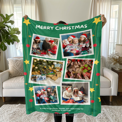 Green Merry Christmas Custom 6 Photos Fleece Blanket