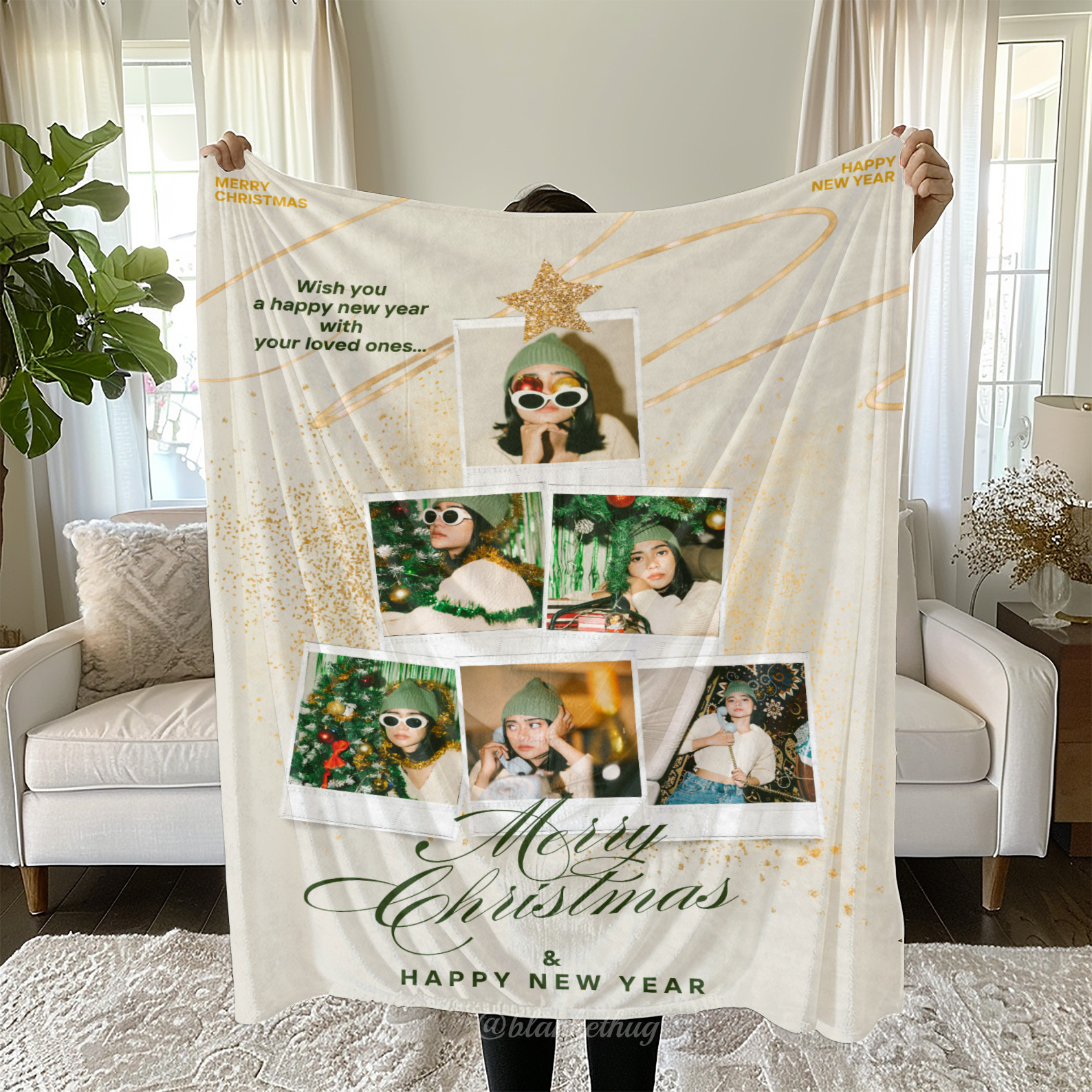 Merry Christmas&Happy New Year Custom 6 Photos Fleece Blanket
