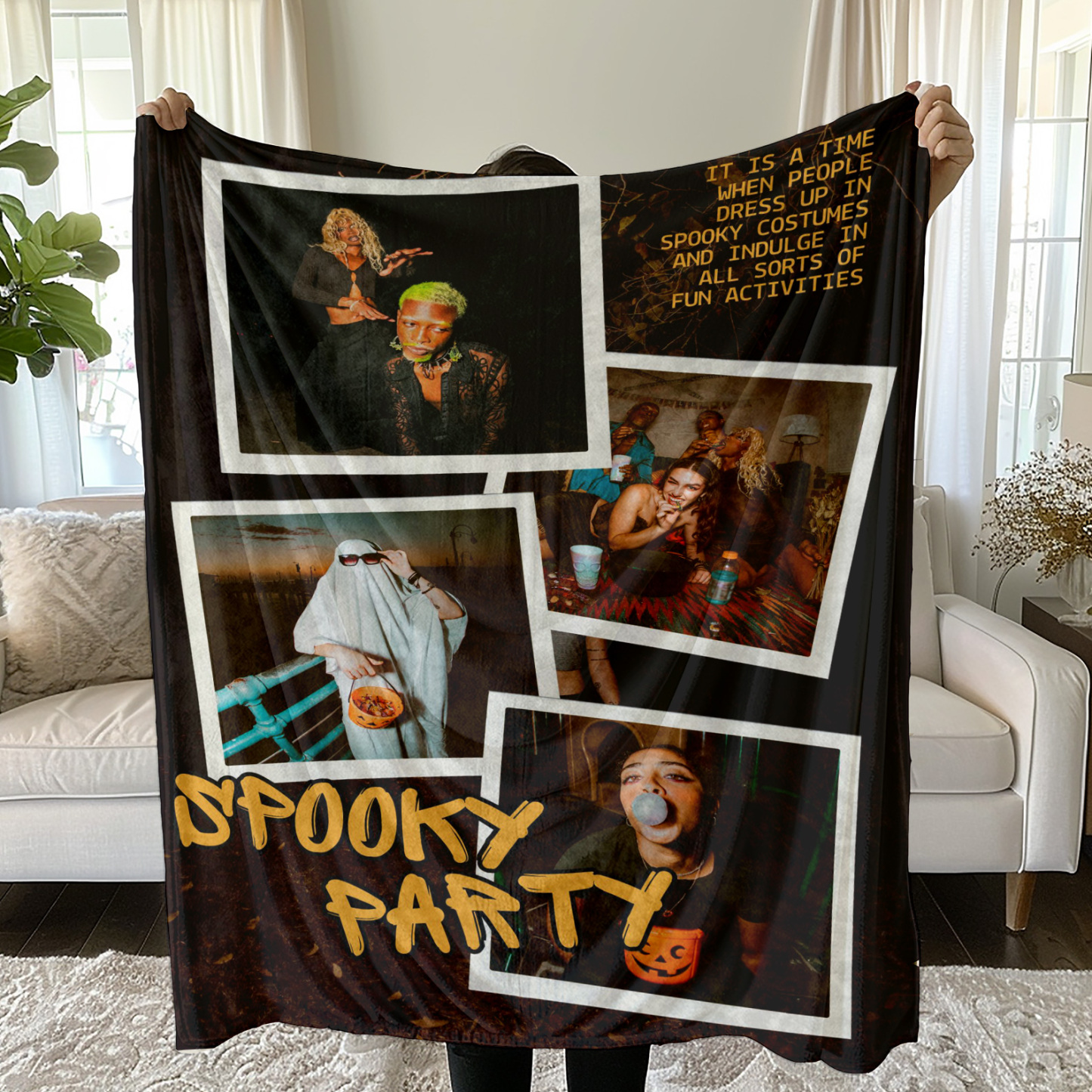 Spooky Party Halloween Custom 4 Photos Fleece Blanket 