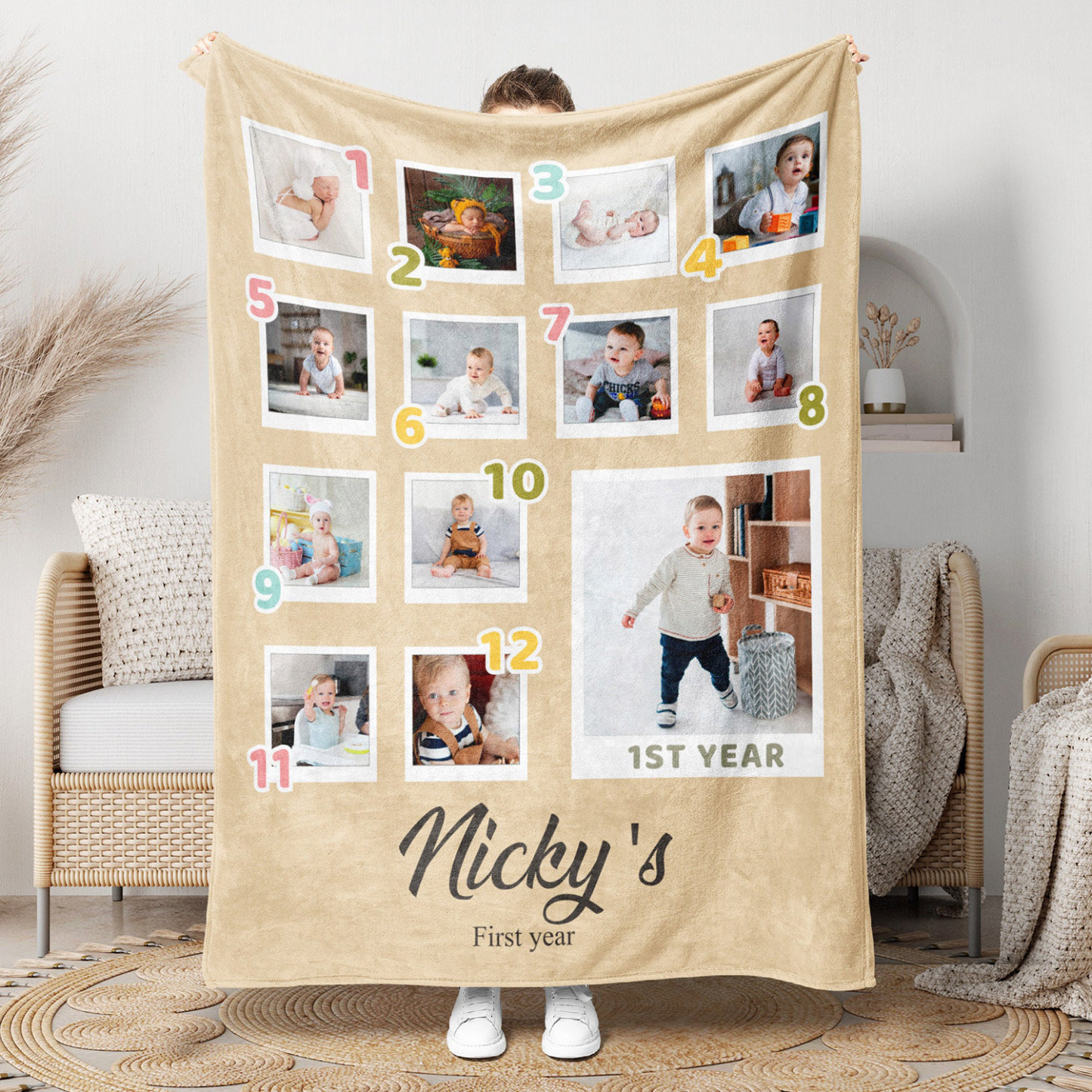 Custom 13 Photos First Birthday Blanket for Baby Kids