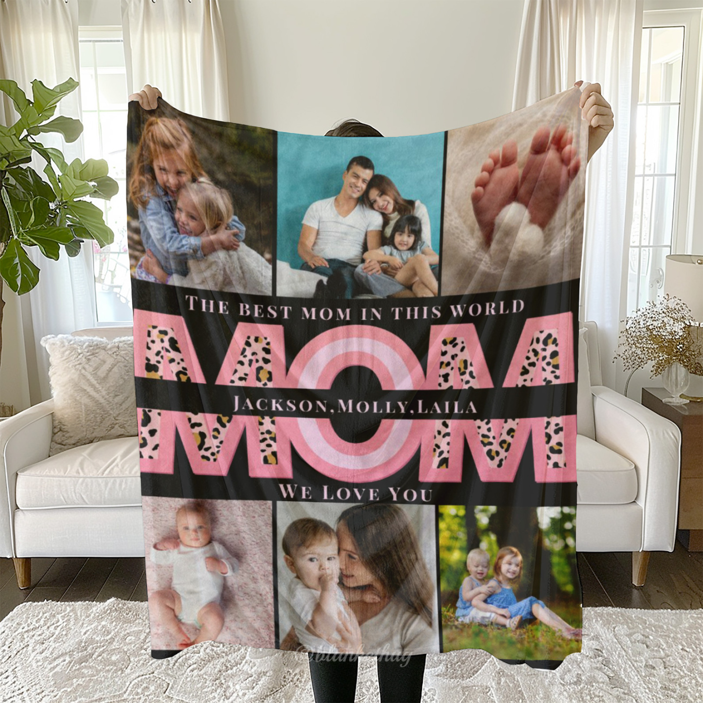 Pink We Love You Mom Personalized 6 Photos Fleece Blanket