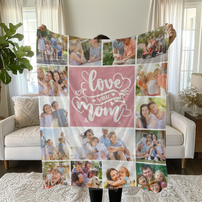 15 Photos Collage Love You Mom Pink Fleece Blanket