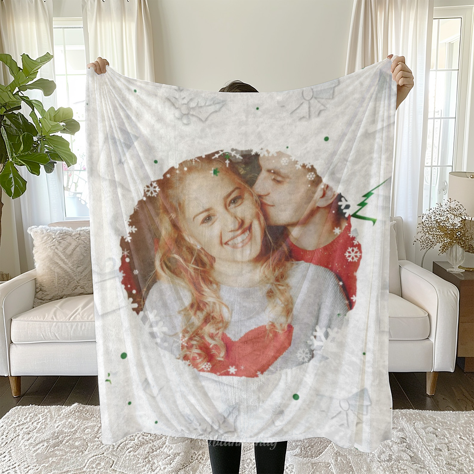 Personalized 1 Photo Christmas Snowflakes Blanket