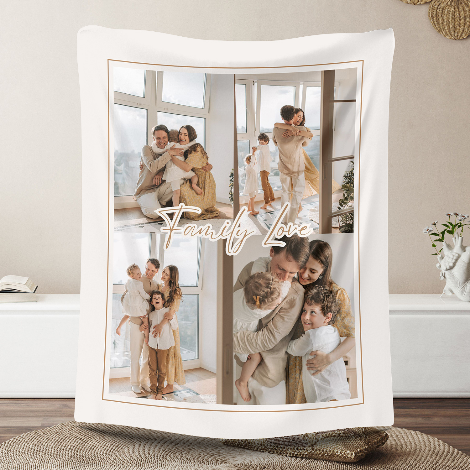 Custom 4 Photos Minimalist Family Love Fleece Blankets
