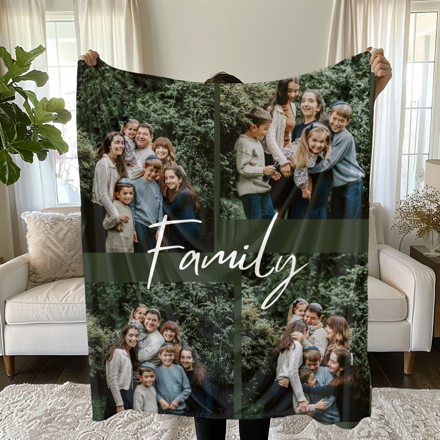 Custom 4 Photos Dark Green Natural Fleece Blankets for Family