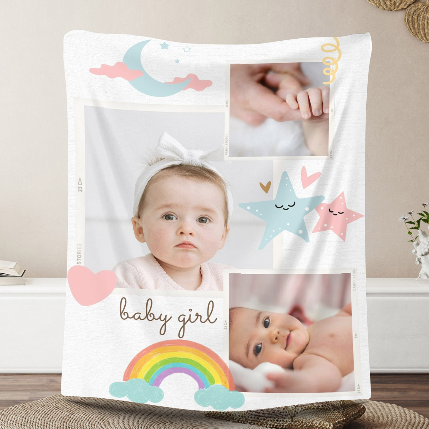 Custom 3 Photos Fleece Blanket for Baby Girls