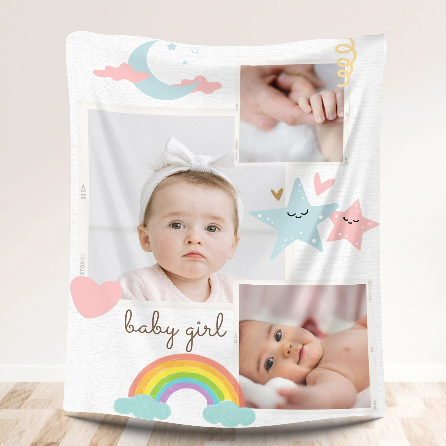 Custom 3 Photos Fleece Blanket for Baby Girls